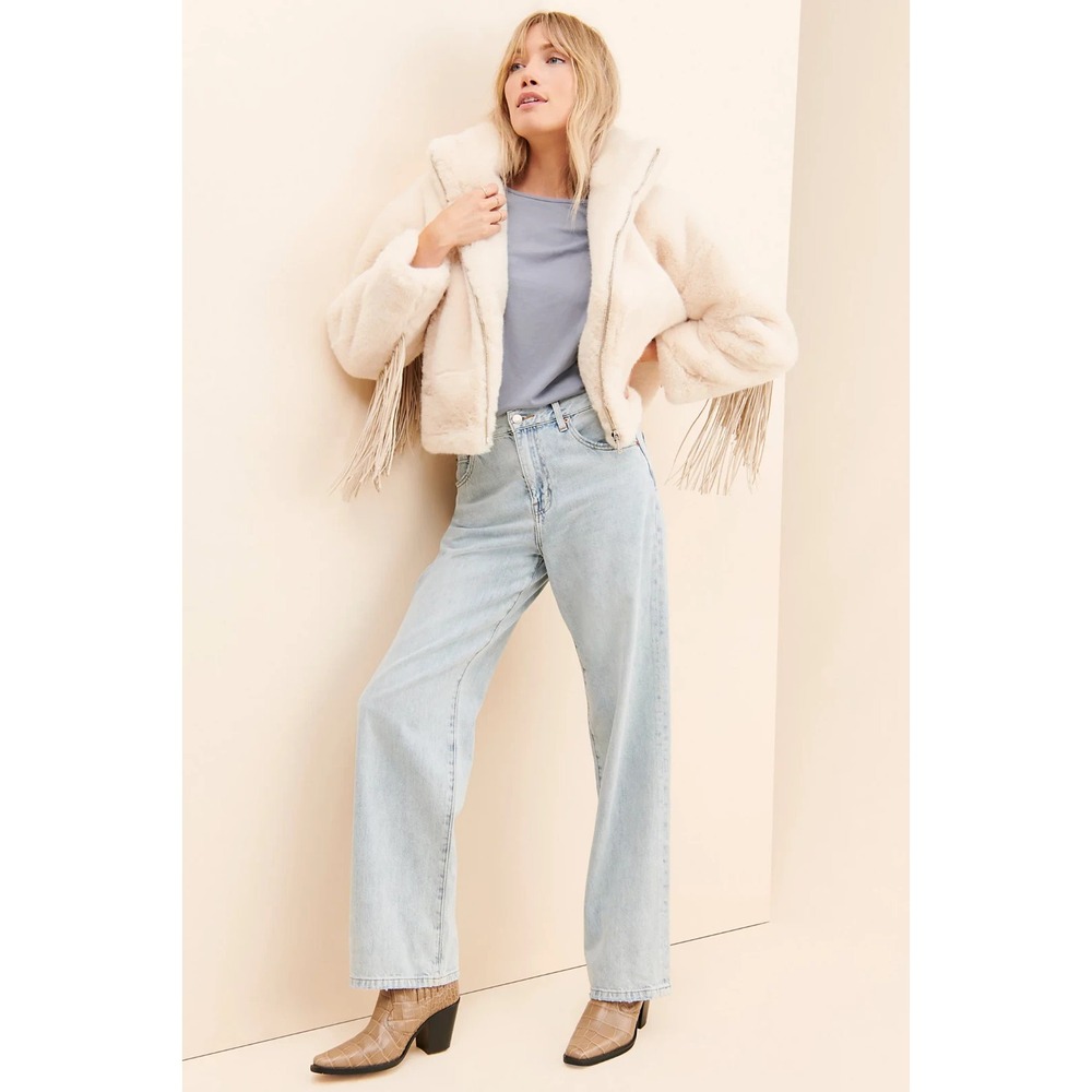 NEW FREE people Blue Revival Dancing In The Moonlight WITH FRINGE Jacket 1X ECRU - Picture 2 of 6